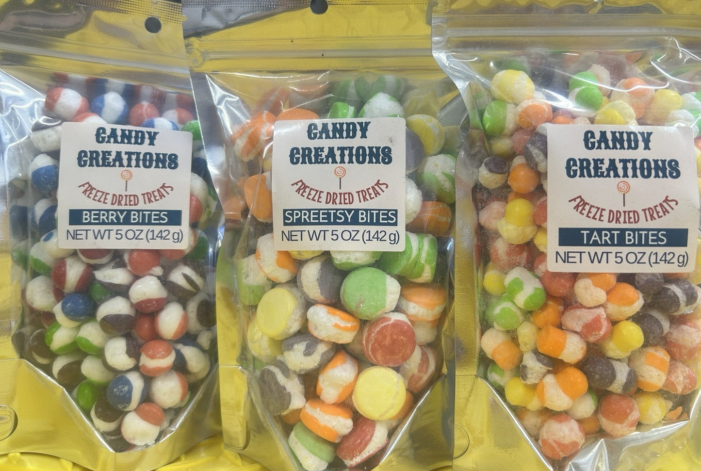 Candy Creations Utah 3-bag freeze-dried candy bundle featuring Berry Bites, Spreetsy Bites, and Tart Bites