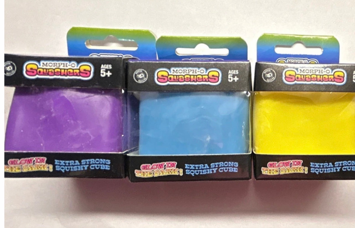 Morph-O Squashers glow in the dark three pack with purple blue and yellow squishy cubes