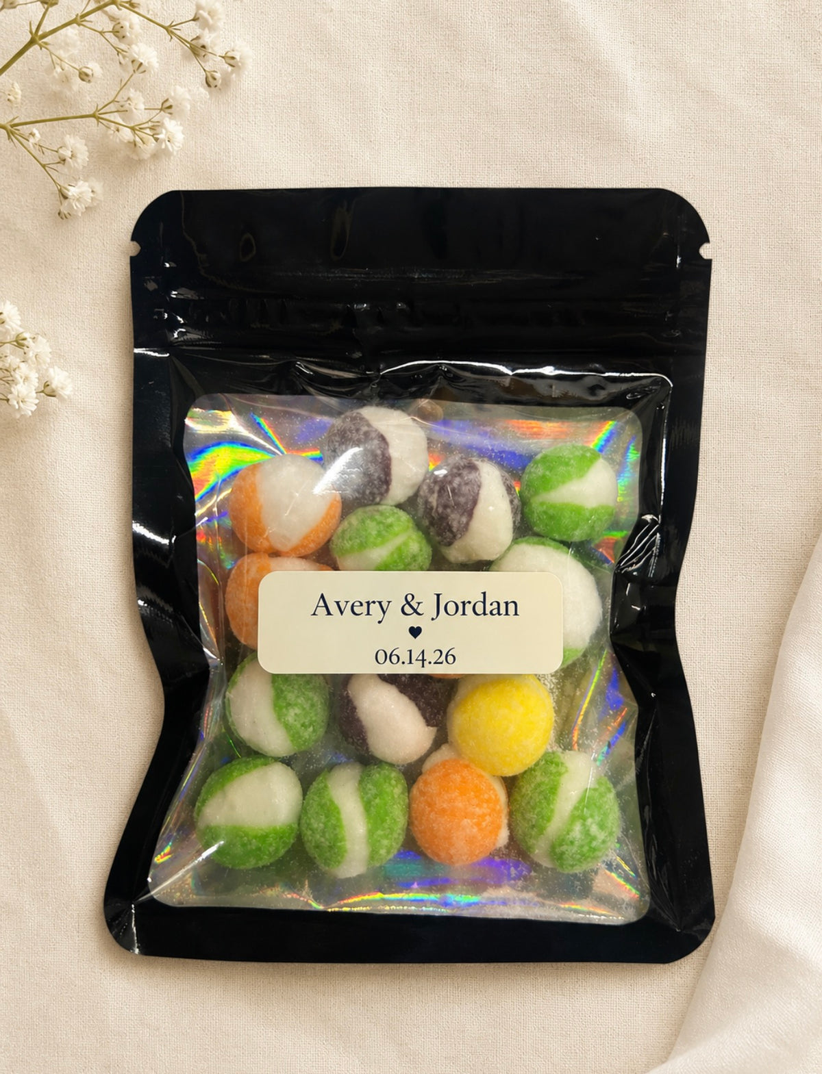 Personalized black freeze-dried can fa bag with custom Avery  and Jordan wedding label
