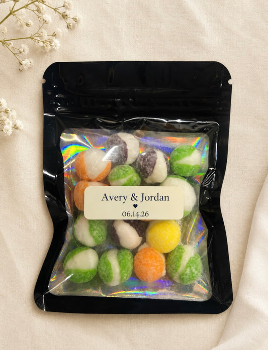 Personalized black freeze-dried can fa bag with custom Avery  and Jordan wedding label
