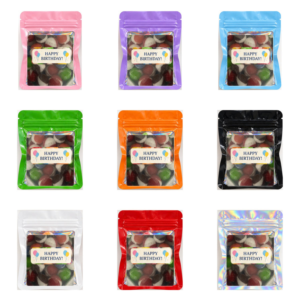 All nine personalized birthday favor bag colors filled with real photographed berry bites
