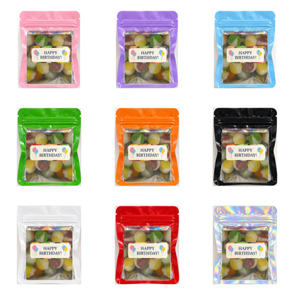 All nine personalized birthday favor bag colors filled with real photographed sour bites