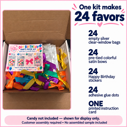 Happy Birthday DIY kit contents: 24 empty bags, 24 bows, 24 stickers, 24 glue dots and one instruction card. Candy not included.