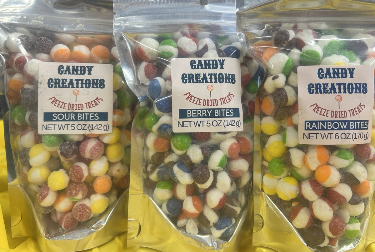 Candy Creations Utah pick your own 3-bag freeze-dried candy bundle featuring Sour Bites, Berry Bites, and Rainbow Bites