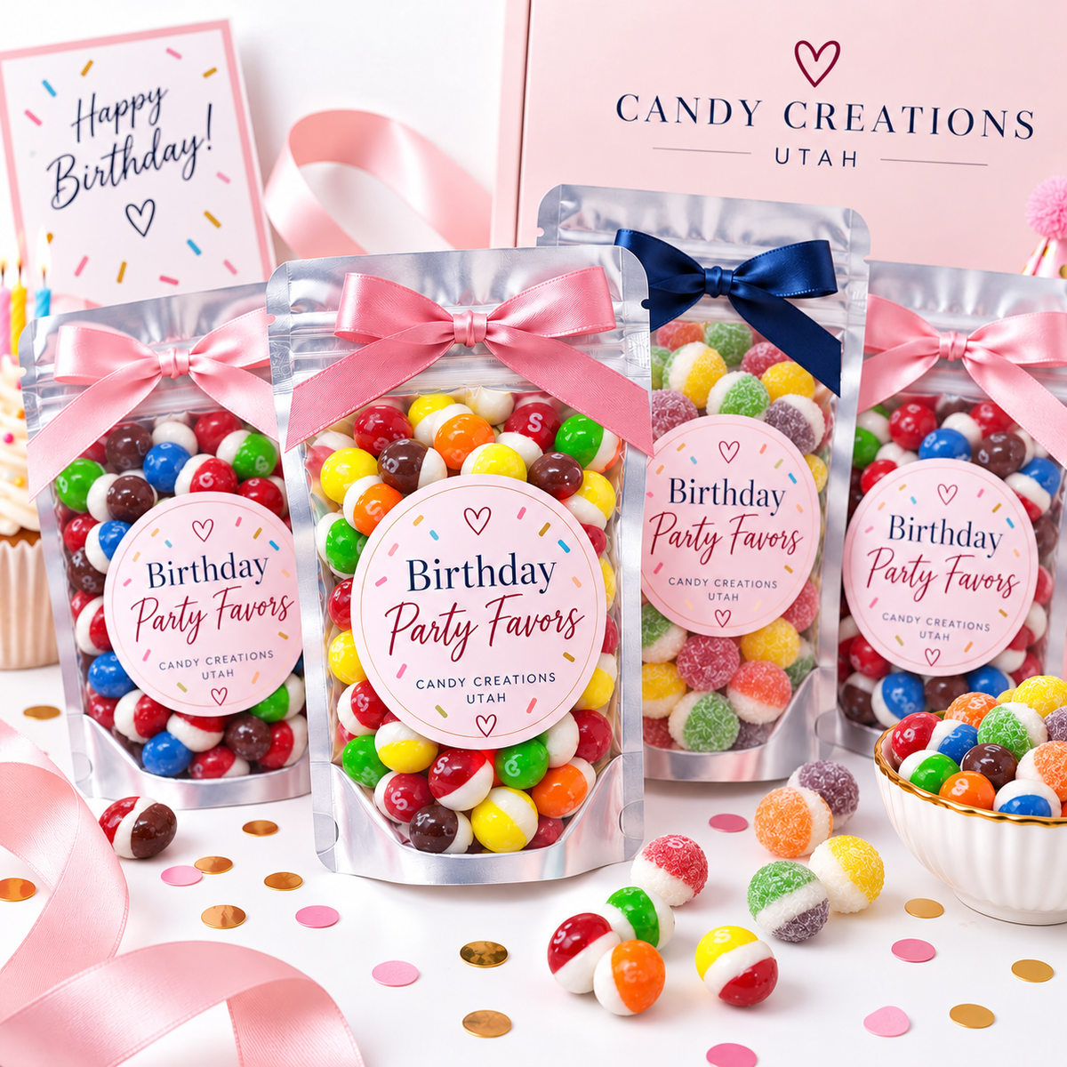 Birthday Elegant Party Favors with Rainbow Bites, Berry Bites, and Sour Bites