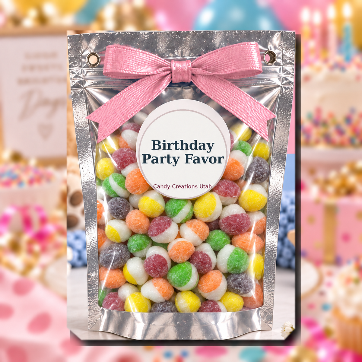 Birthday Elegant Party Favors with pink ribbon and Sour Bites