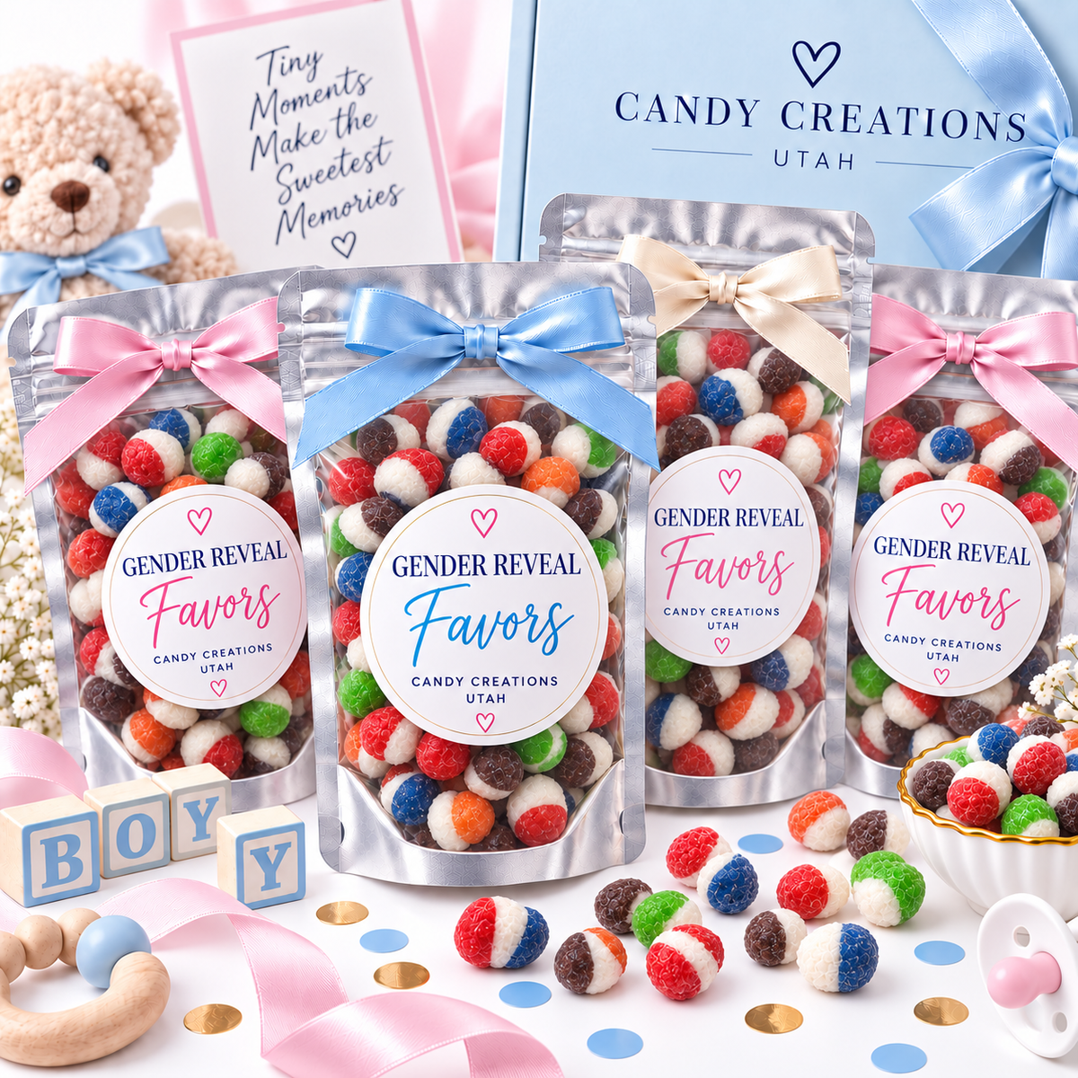 Gender Reveal Elegant Party Favors with Candy Creations Utah Berry Bites
