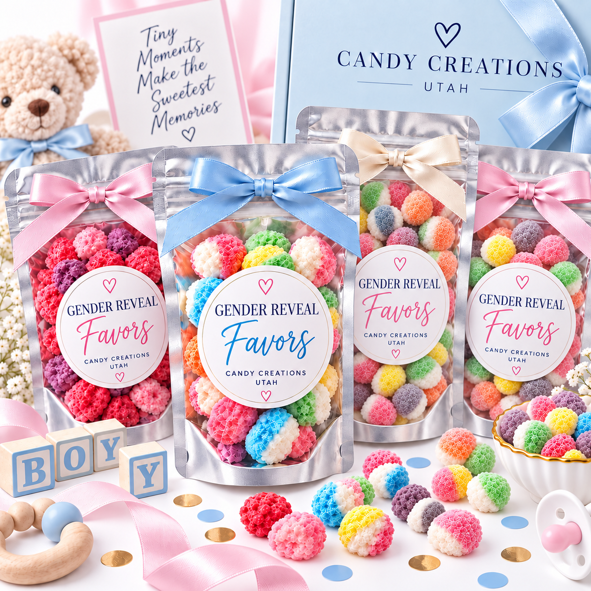 Gender Reveal Elegant Party Favors with Rainbow Bites, Berry Bites, and Sour Bites