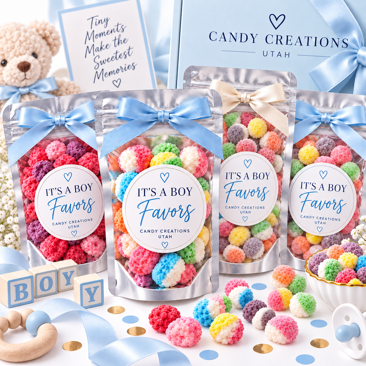 It’s a Boy Elegant Party Favors with Rainbow Bites, Berry Bites, and Sour Bites