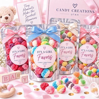 It’s a Girl Elegant Party Favors with Rainbow Bites, Berry Bites, and Sour Bites