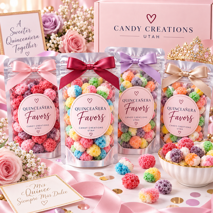 Quinceañera Elegant Party Favors with Rainbow Bites, Berry Bites, and Sour Bites