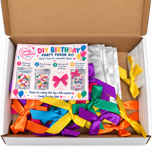 Actual Happy Birthday DIY kit contents in box: empty silver bags, colorful bows, glue dots and one instruction card. Candy not included.