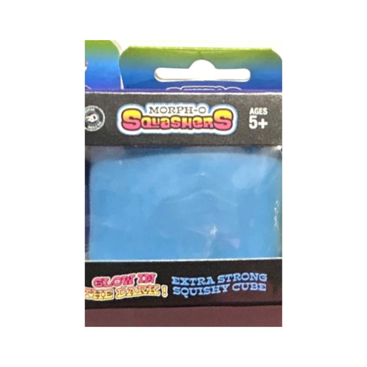 Morph-O Squashers blue glow in the dark squishy cube on a clean square background