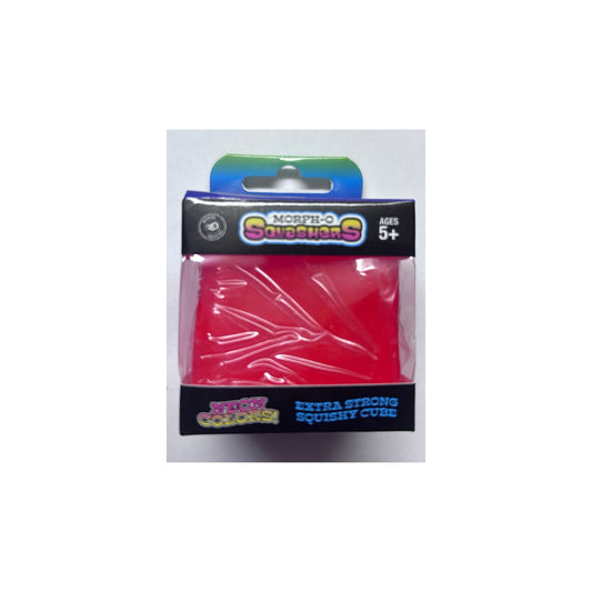 Morph-O Squashers neon pink squishy cube in original packaging on a clean square background