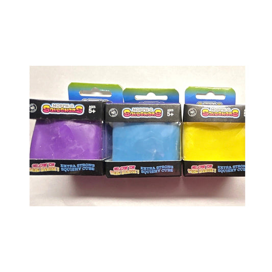 Morph-O Squashers purple blue and yellow glow in the dark three pack on a clean square background