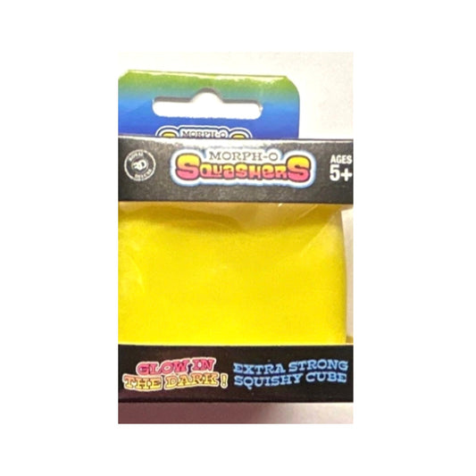 Morph-O Squashers yellow glow in the dark squishy cube on a clean square background