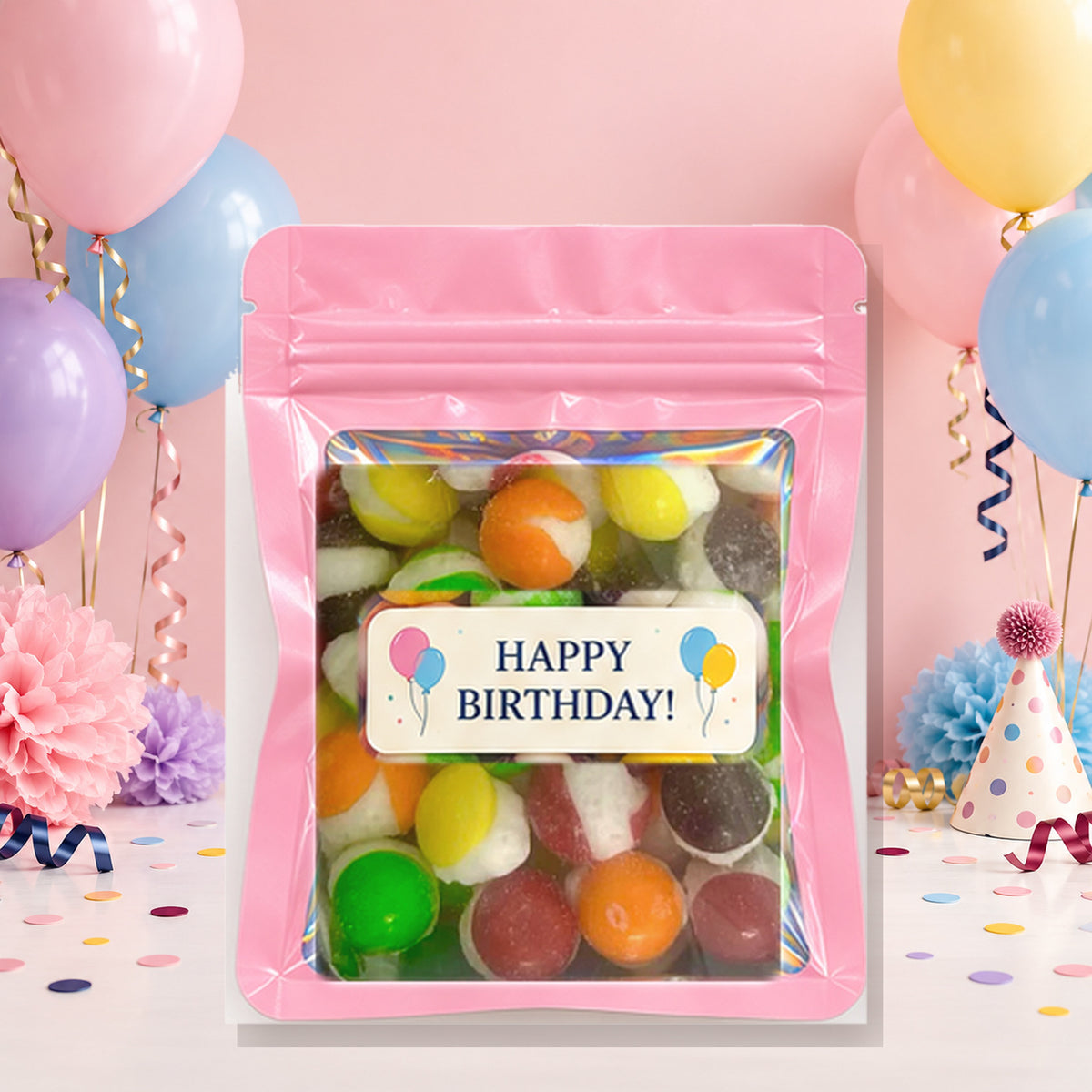 Birthday Assorted Color Party Favors on a colorful birthday background