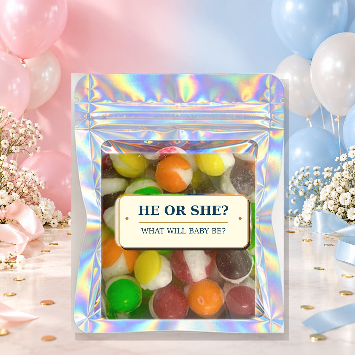 Gender Reveal Assorted Color Party Favors on a pink and blue party background