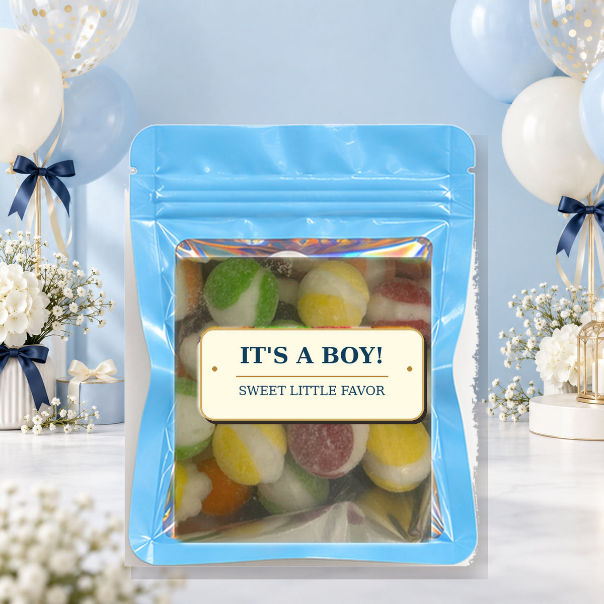It’s a Boy Assorted Color Party Favors on a blue baby shower background