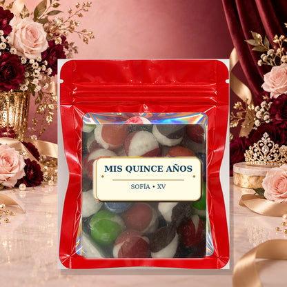 Quinceañera Assorted Color Party Favors on an elegant fifteenth-birthday background
